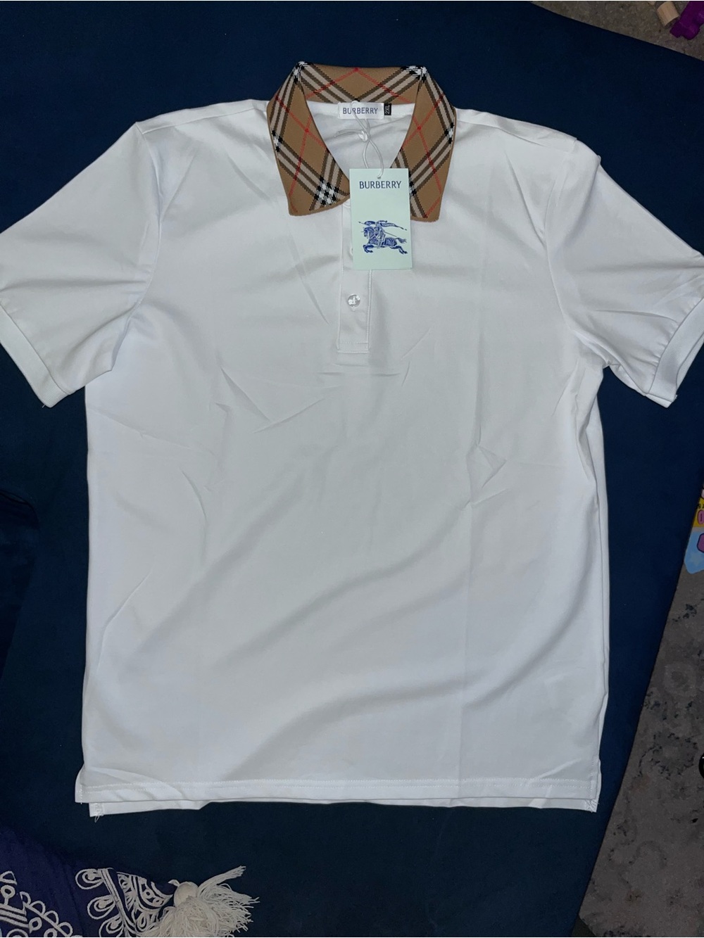 Burberry White Polo with Tan Check Collar
